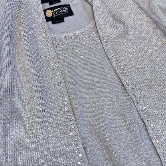 Christine Alexander Metallic Silver Swarovski Sweater Cardigan Tank Set Med NWT! - Picture 2 of 10